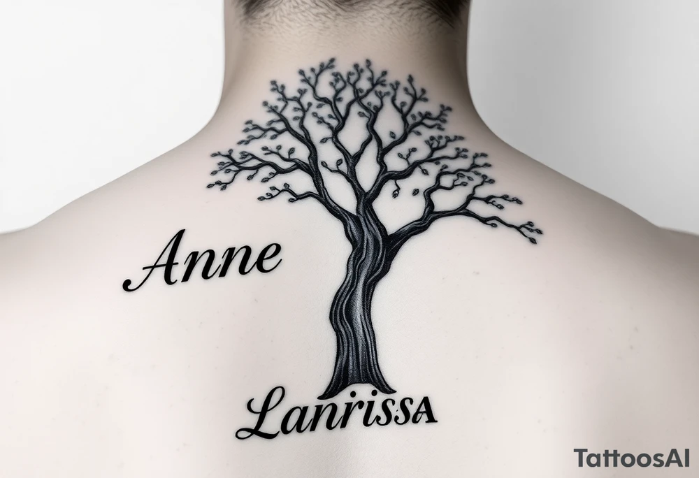 the name, Anne, Jessy
 on a live tree the name Larissa under the tree tattoo idea