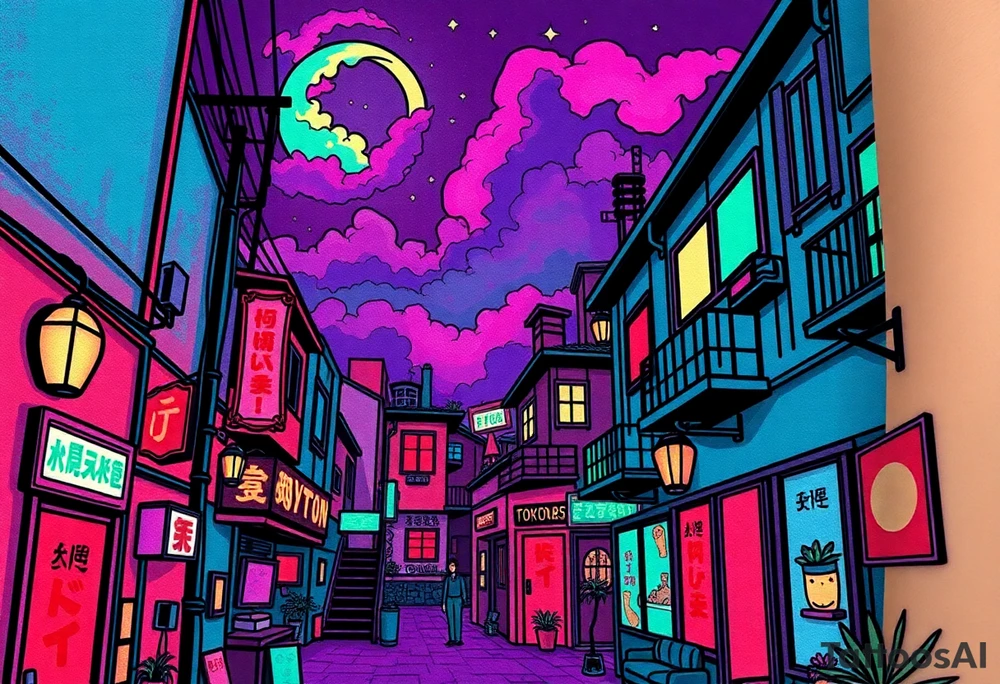 Tim Burton’s haunted pastel Tokyo apartment from the street view is littered in neon signs and dripping with muted reds, dusty pinks, and eerie green glow.purple and cyan smokey clouds swirl in the crescent moonlit sky thats sprinkled with stars tattoo idea tattoo idea