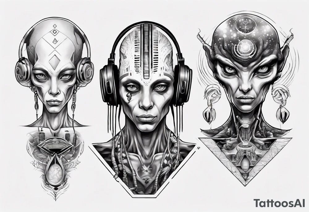 A realistic portrait of an extraterrestrial DJ with a glowing pineal gland tattoo idea