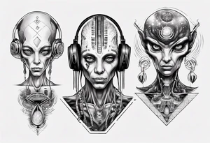 A realistic portrait of an extraterrestrial DJ with a glowing pineal gland tattoo idea