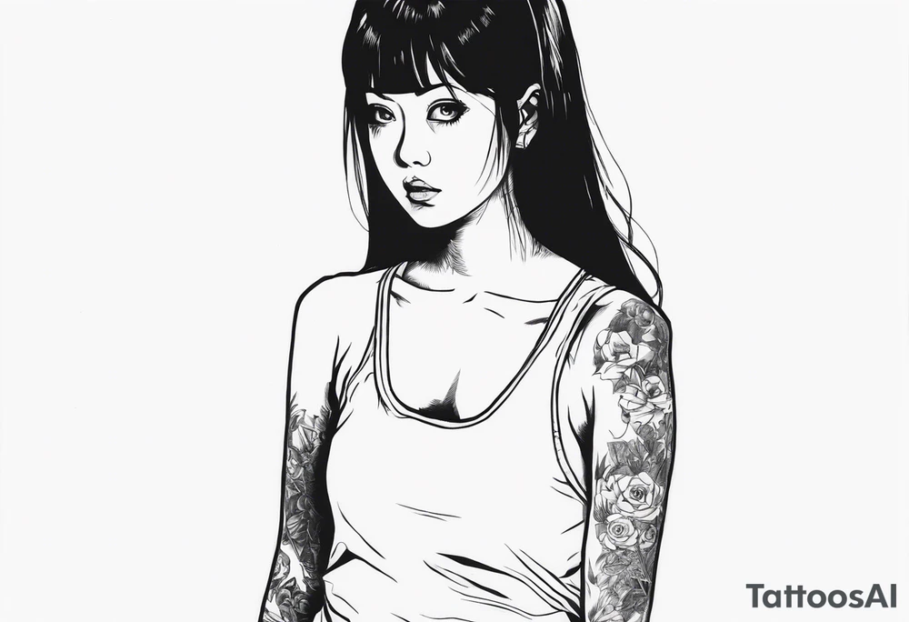 portrait of tomie standing up a character by the horror manga author junji ito full body standing murderously. add more horror and gore elements tattoo idea