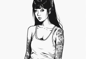 portrait of tomie standing up a character by the horror manga author junji ito full body standing murderously. add more horror and gore elements tattoo idea