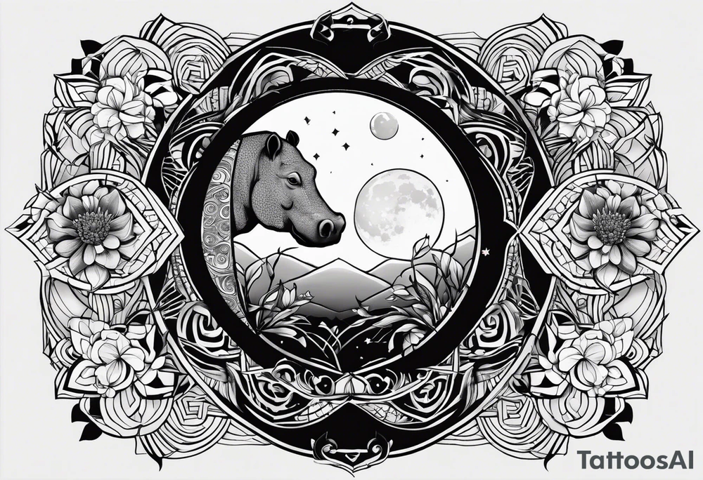 Very asymmetrical, +geometric pattern, with realistic full moon, with seeious looking hippo, +zen feel, + Buddhism touch, +tribal, +geometric
with wintersweet flower bud, +portrait orientation, +inkart touch, tattoo idea