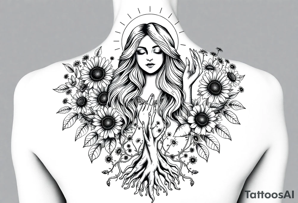 Realistic black and grey back tattoo design of Mother Earth surrounded by flowing sunflowers, wildflowers, vines, and glowing celestial elements. She has a calm, powerful face, long wavy hair blending into the plants, and is cradled by vines. Her hands are raised toward a radiant sun above her head. At the bottom, tree roots grow from her lower body, grounding her. The composition is vertical, ethereal, sacred, and feminine. Smooth shading, sculptural style, no cartoon features. High-detail, made for a full back piece. tattoo idea