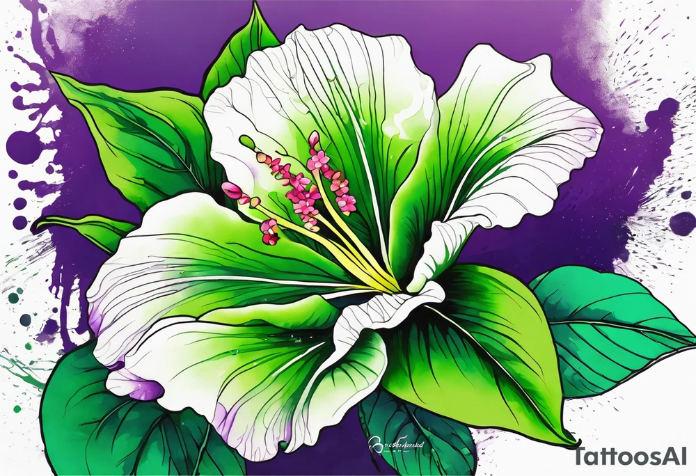 An outline of a green rio dipladenia flower and a green and purple watercolor splash in the background tattoo idea