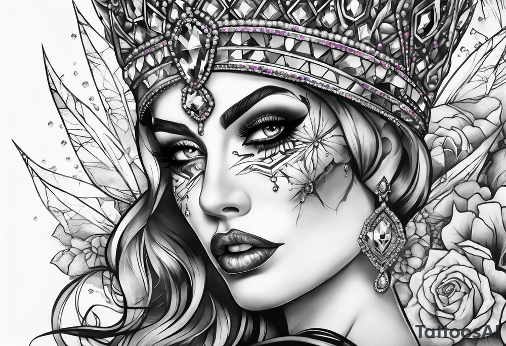 Fancy queen zombie diamonds and gemstones full sleeve tattoo idea