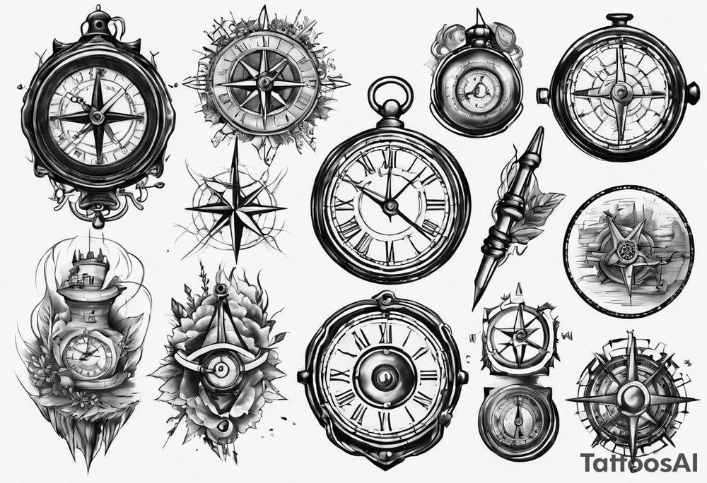A Brocken clock whitch got an compass integrated tattoo idea
