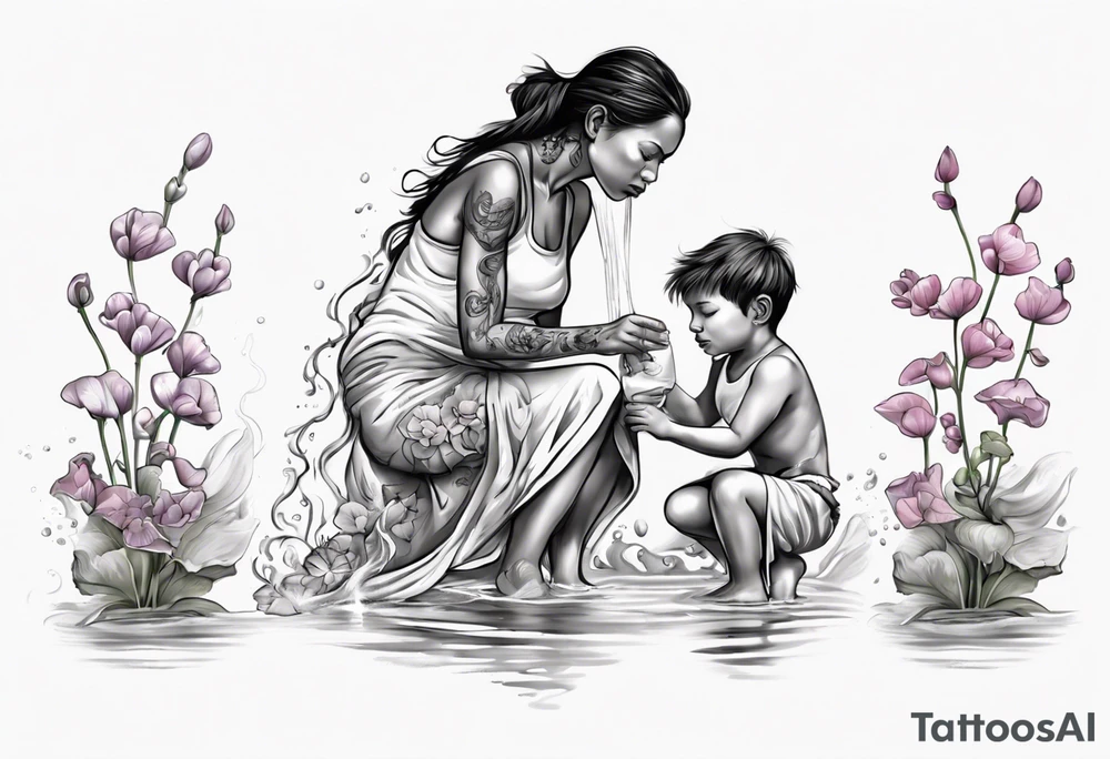 ethnic 
water-bearing woman and two little boys, watering sweet pea flowers cascading down, (leg art) tattoo idea