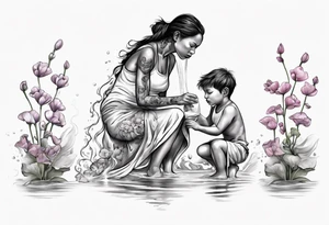 ethnic 
water-bearing woman and two little boys, watering sweet pea flowers cascading down, (leg art) tattoo idea