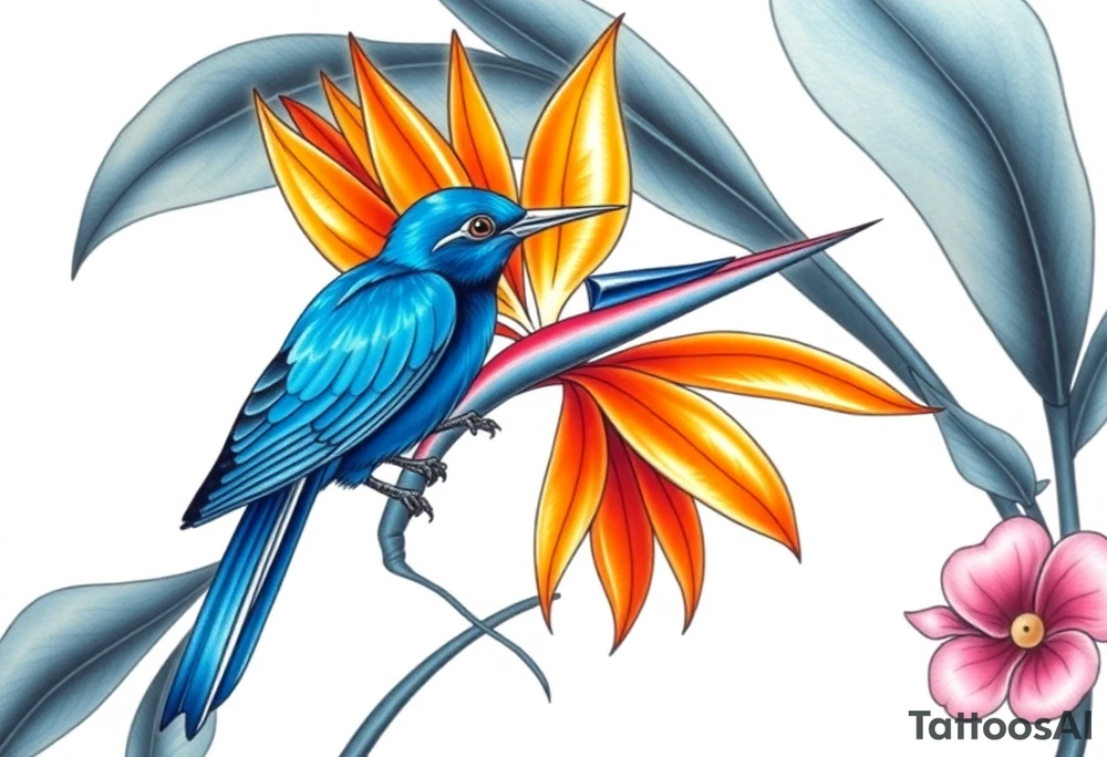 Bird of paradise flower with blue bird tattoo idea