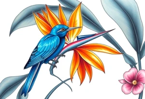 Bird of paradise flower with blue bird tattoo idea