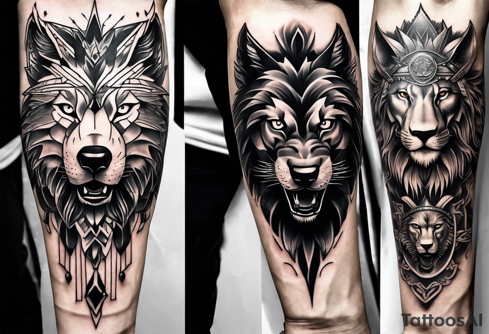Tattoo a wolfs face on the left, a lions face in the middle and an eagle's face on the right tattoo idea