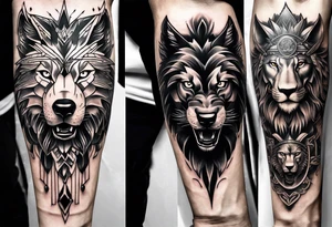 Tattoo a wolfs face on the left, a lions face in the middle and an eagle's face on the right tattoo idea