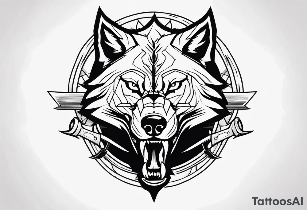 wolf head with katana in mouth tattoo idea