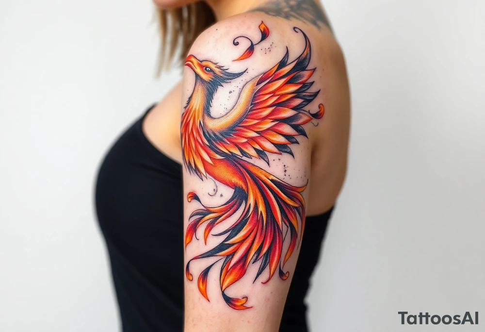 magnificent but feminine phoenix rising  flames with trailing embers tattoo idea