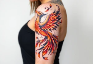 magnificent but feminine phoenix rising  flames with trailing embers tattoo idea