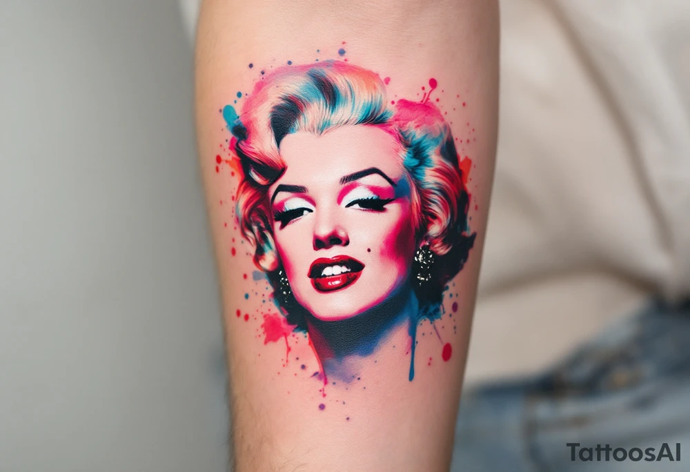 Watercolor Marilyn Monroe tattoo with splashes of red, pink, and blue around a classic black-lined face. tattoo idea