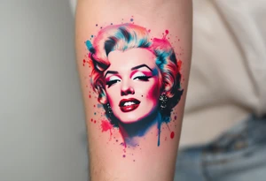 Watercolor Marilyn Monroe tattoo with splashes of red, pink, and blue around a classic black-lined face. tattoo idea