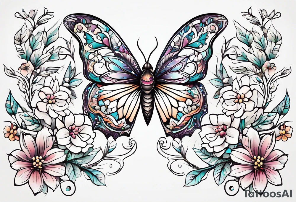 Winding branches and leaves and tiny flowers with a small moth tattoo idea