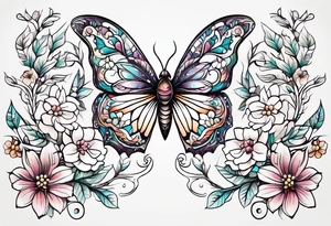 Winding branches and leaves and tiny flowers with a small moth tattoo idea