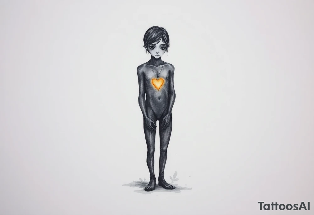 A solitary figure with a nostalgic, sorrowful expression, surrounded by a subtle environment that evokes anxiety—fine lines, soft shadows, and empty space around them. Though seemingly fragile, the figure stands upright, symbolizing inner strength. A warm light or heart glowing from the chest represents deep love. The eyes are detailed, reflecting a keen attention to detail and emotional sensitivity. The overall contrast shows emotional fragility balanced by quiet resilience. tattoo idea