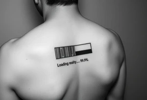 "QR-code tattoo that scans to a 10-second loop of:  
- Buffering symbol  
- Text: 'Loading reality... 99.9%'  

Style: High-contrast. Inner wrist." tattoo idea