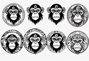 Create a tribal cartoon monkey outline in a small disconnected circle tattoo idea