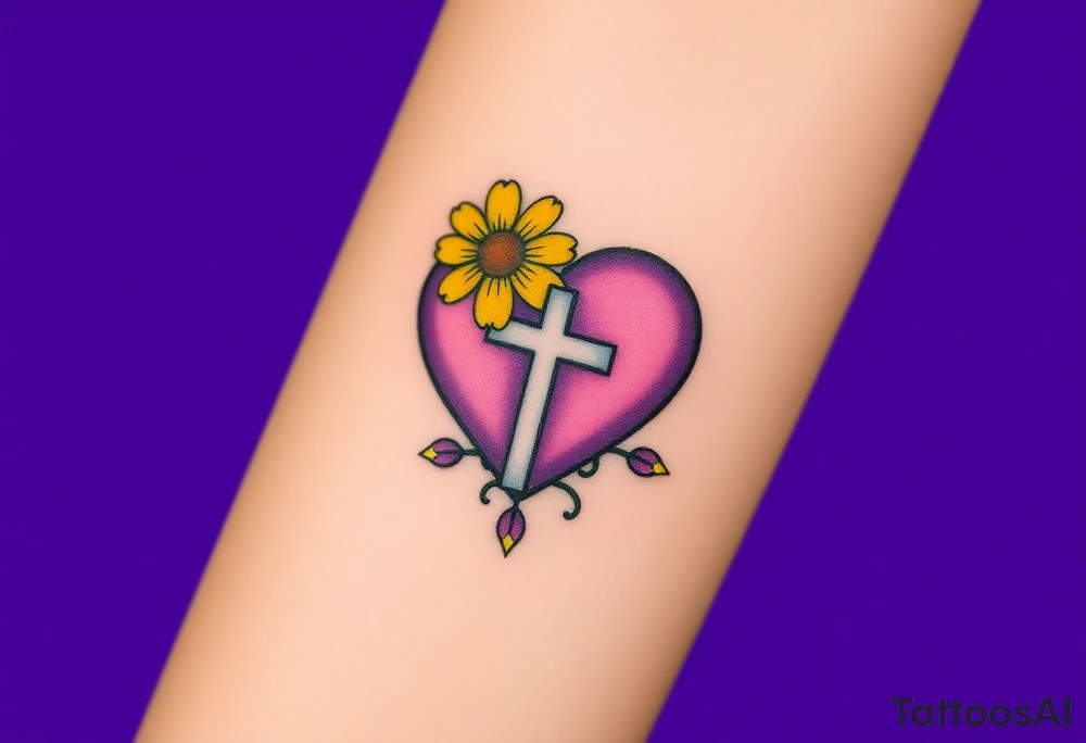 simple with Purple Hearts with yellow daisy with cross tattoo idea