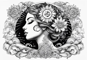 spiritual neck sleeve with stairway to heaven with clouds and rays, cosmo, iris, daisy flower and om symbol on throat tattoo idea