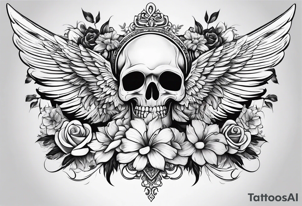 Full back tattoo covering the whole back with wings on top and flowers on bottom tattoo idea