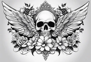 Full back tattoo covering the whole back with wings on top and flowers on bottom tattoo idea