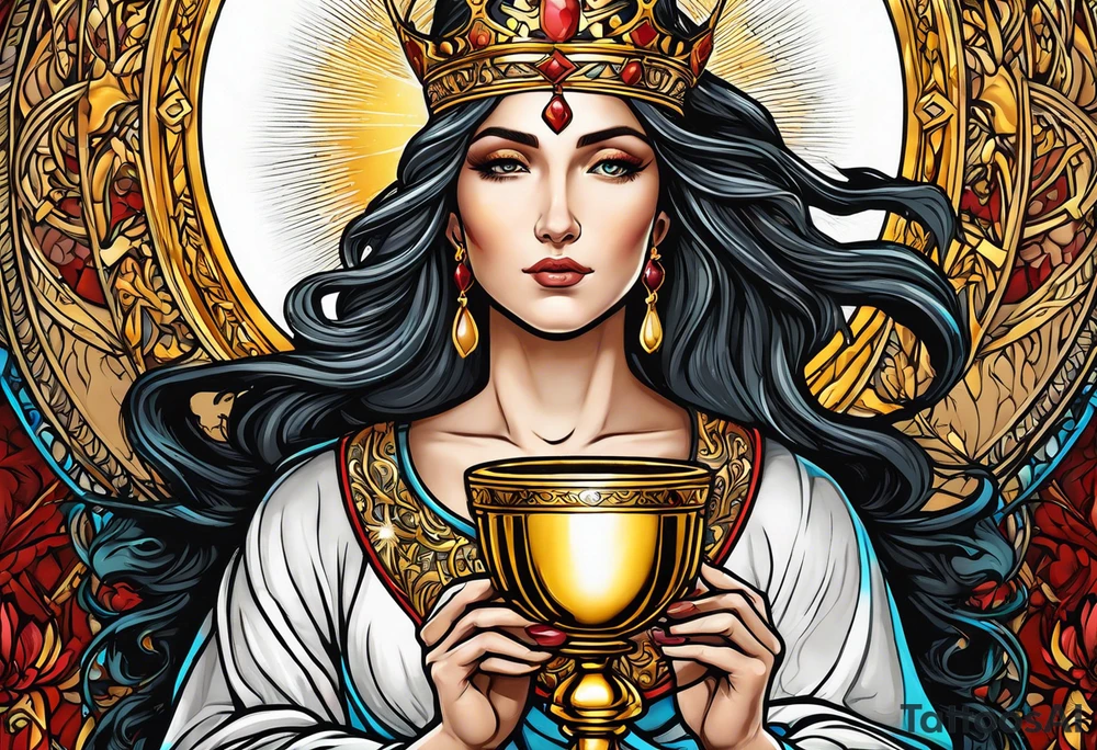 holy saint woman turned away with golden halo holding a chalice tattoo idea