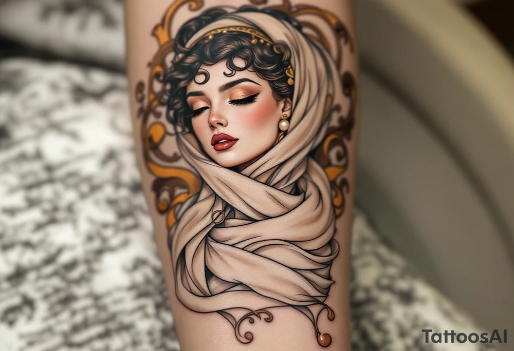 Alfons Mucha’s art nouveau woman with pearl earrings, flowing beige scarf, and a backdrop of swirling bronze flourishes. tattoo idea