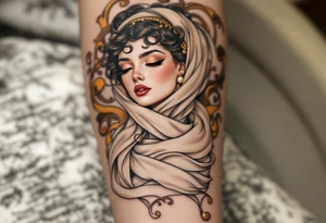 Alfons Mucha’s art nouveau woman with pearl earrings, flowing beige scarf, and a backdrop of swirling bronze flourishes. tattoo idea
