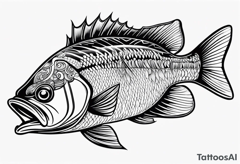 tribal bass fish, its tail turns into a fishing hook tattoo idea