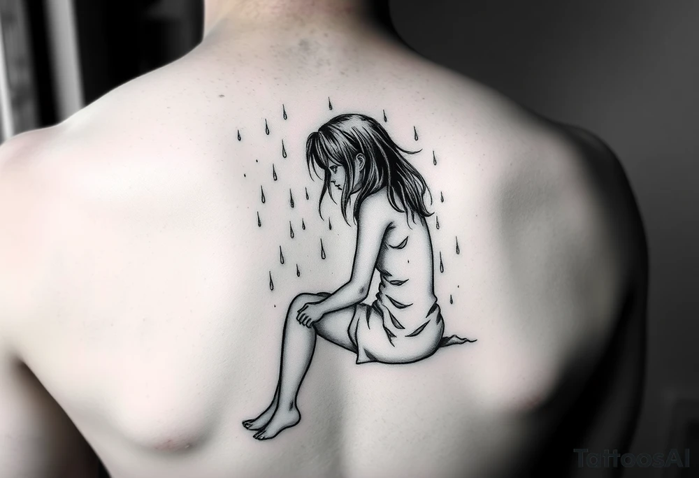 A girl sitting in the rain  letting the rain take her away as it pours as she’s fading tattoo idea