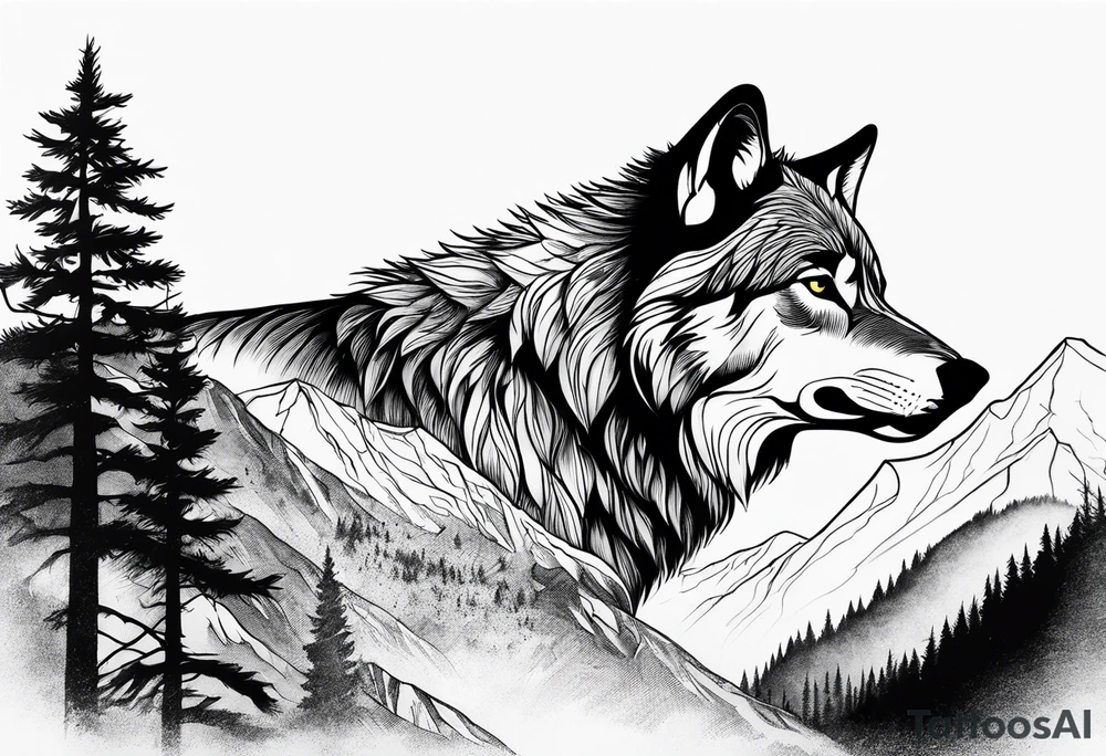 Mountains, wolf in it tattoo idea