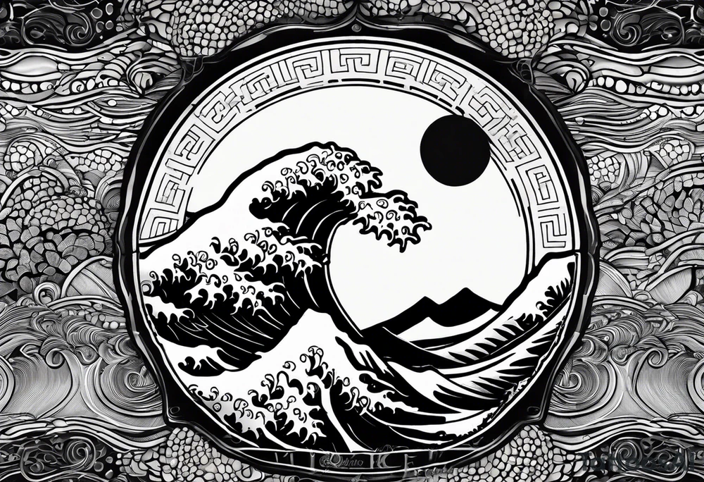 an abstract Tree of life tattoo design. Black and white. It should have roots growing out of the bottom. The roots slowly transform into water waves from the great wave by Hokusai. A golf ball should be placed discreetly. Like in the place of a moon. 2 license plate tags should be hanging from the tree. Place a few music notes. The letters A U should be engraved into the tree trunk in a heart tattoo idea