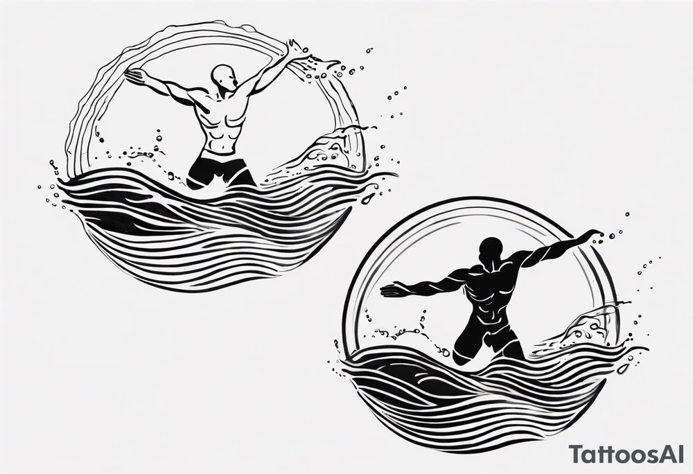 three lines mimicking water. A man swimming in the water. The man is made from simple lines only tattoo idea