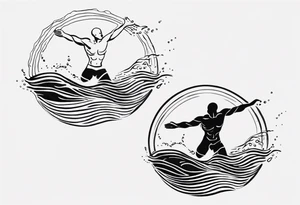 three lines mimicking water. A man swimming in the water. The man is made from simple lines only tattoo idea