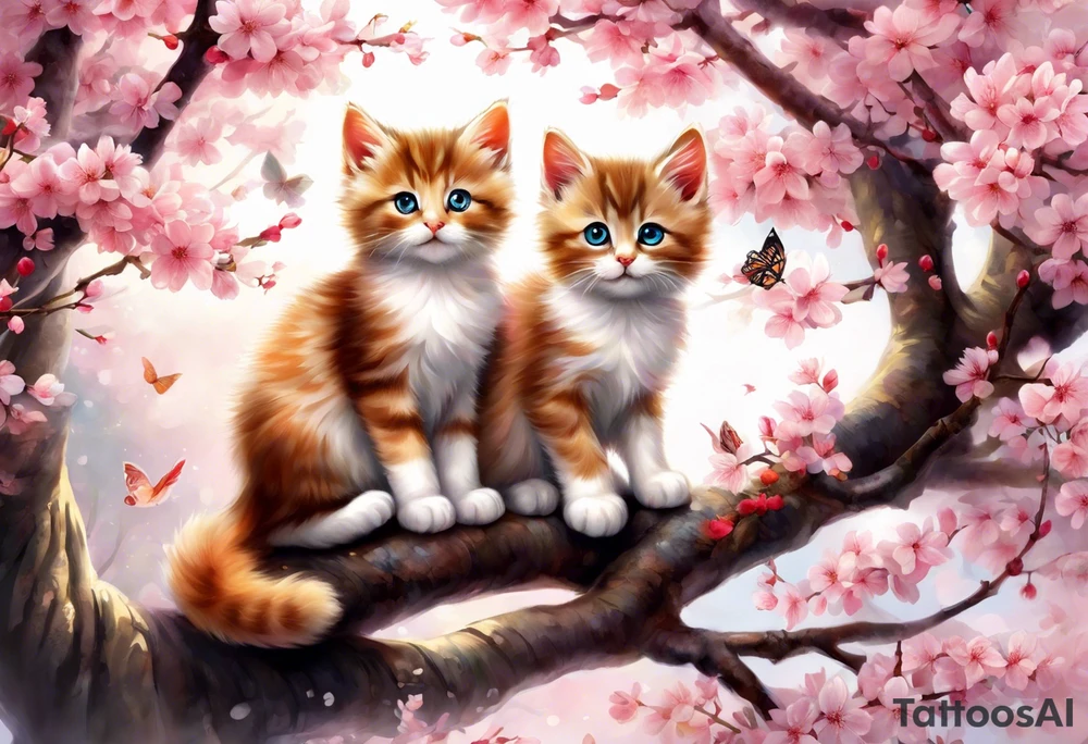 Generate a design to tattoo on my biceps where a graceful pink cherry blossom tree extends vertically, occupying the full height of 15cm, with delicate blossoms scattered along its slender branches coloured with a watercolor effect. Nestled among the branches, a small, playful kitten is perched, gazing curiously outward. The kitten's fur can have intricate details, highlighting its softness and playfulness. Surrounding the kitten and the tree, some petals could be gently falling, adding a dynamic and serene feel to the design. This vertical composition would elegantly fit your biceps, creating a charming and feminine piece of art. tattoo idea