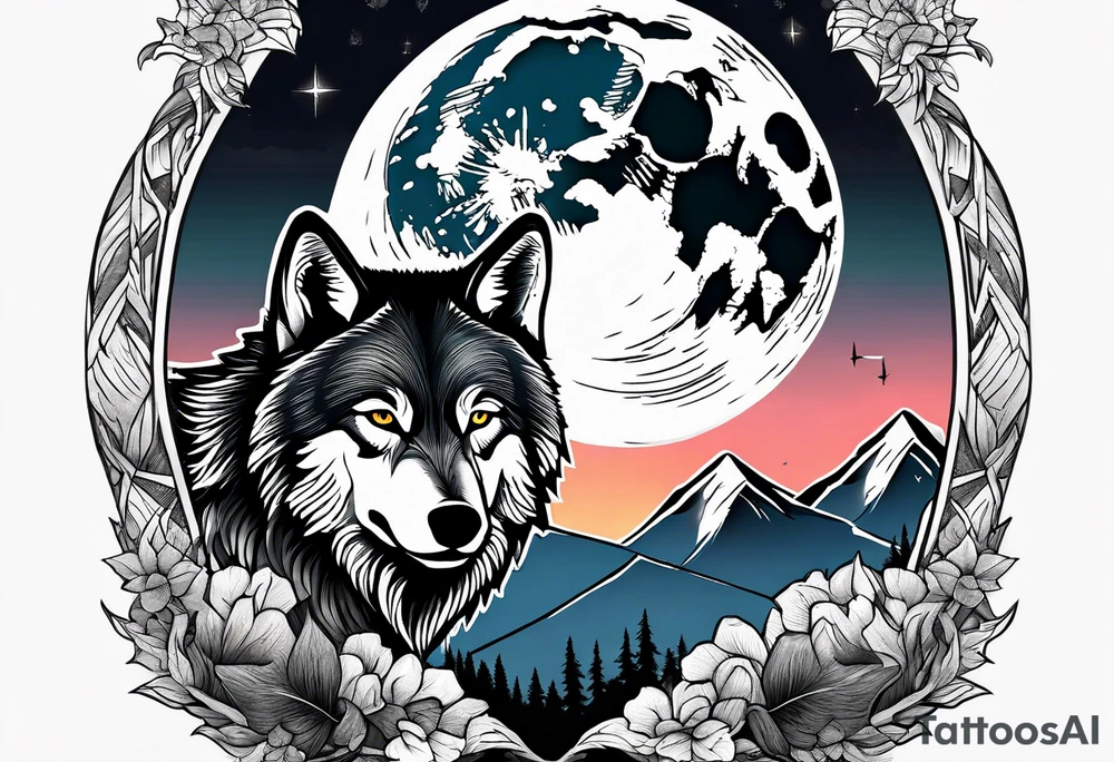 Half sleeve
Two wolves
Dark woods
Mountain peaks
Moon tattoo idea