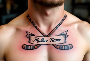 Crossed Hockey Sticks and Banner – Two detailed wooden hockey sticks (brown with black tape) crossed behind a scroll banner with a name or date in bold script. tattoo idea