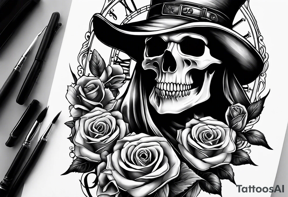 Reaper with roses and pocket watch tattoo idea