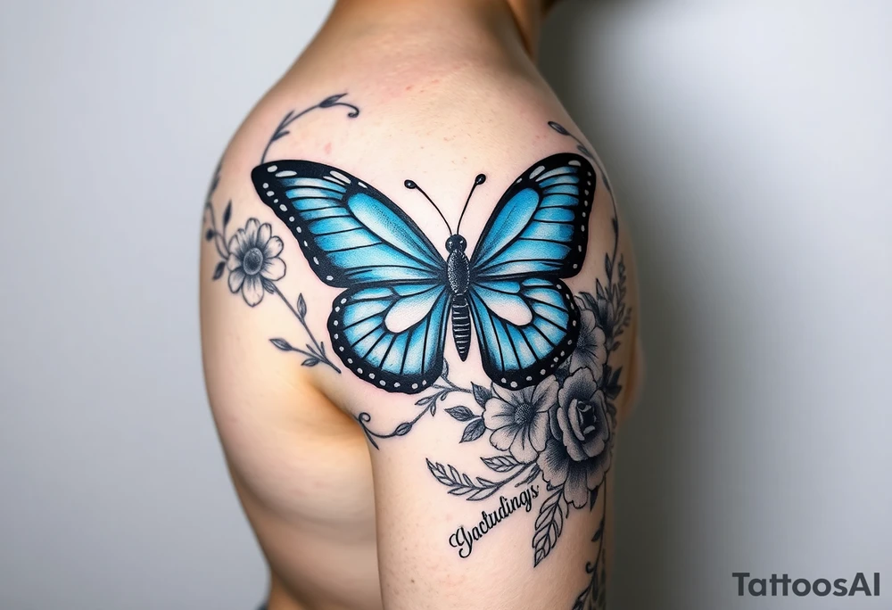 Sleeve/ floral with vines roses and daises large bright blue monarch in center of forearm with floral extending from wrist to mid bicep children’s names written with vines “ amber, Zachary, Justin, Harper, Vivian “ ARM SLEEVE tattoo idea