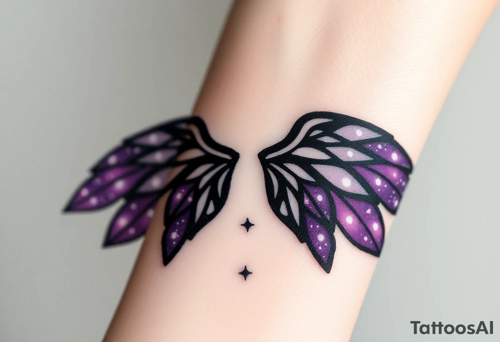 A dark angel with starry wings, the edges of the wings have galaxies within them, deep black and purple hues glowing with specks of white. tattoo idea