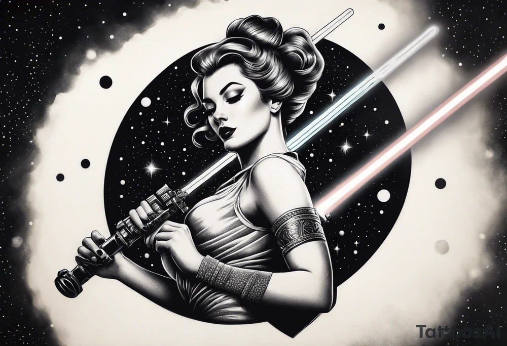 Pinup woman holding light saber in space tattoo idea