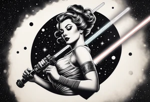 Pinup woman holding light saber in space tattoo idea