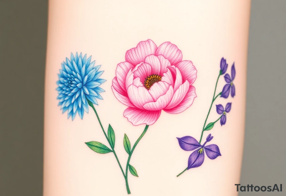 Three separate flowers. Blue Chrysanthemum, pink Peony, and Purple Larkspur. tattoo idea