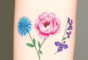 Three separate flowers. Blue Chrysanthemum, pink Peony, and Purple Larkspur. tattoo idea